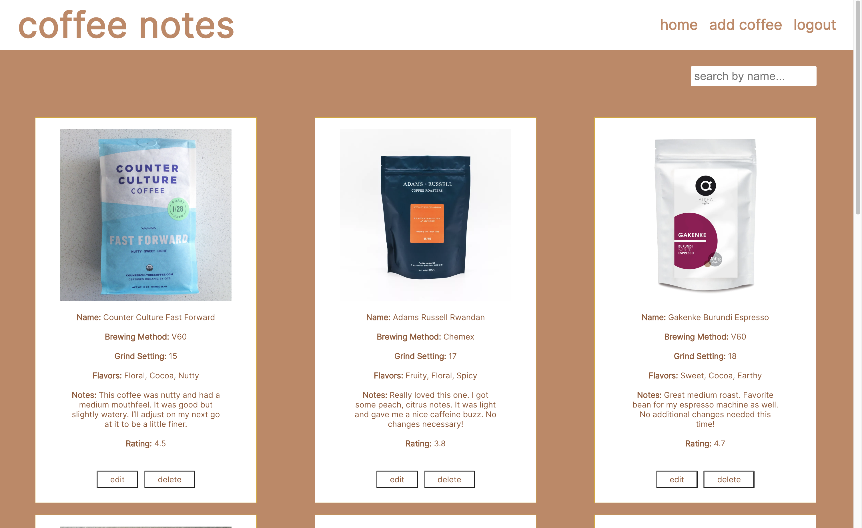 Screenshot of Coffee Notes application